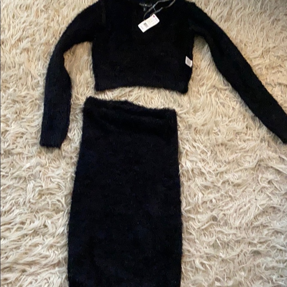 Two piece black fuzzy skirt set